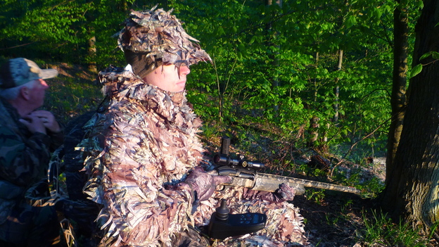 Jake Dobberke, 26, a Marine who lost his legs in Afghanistan, watches for turkeys in Potter County, Pa. The LEEK Hunting and Mountain Preserve helps healing young vets explore the wilderness in adaptive hunting gear.