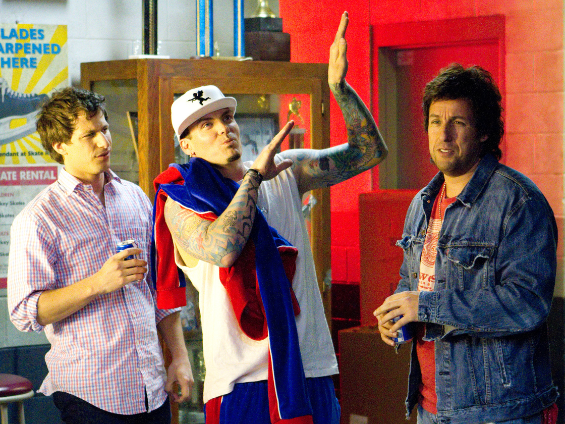 Vanilla Ice (center) appears as himself in That's My Boy, a film whose protagonist (Sandler) was himself famous — or at least notorious — for about 15 minutes.