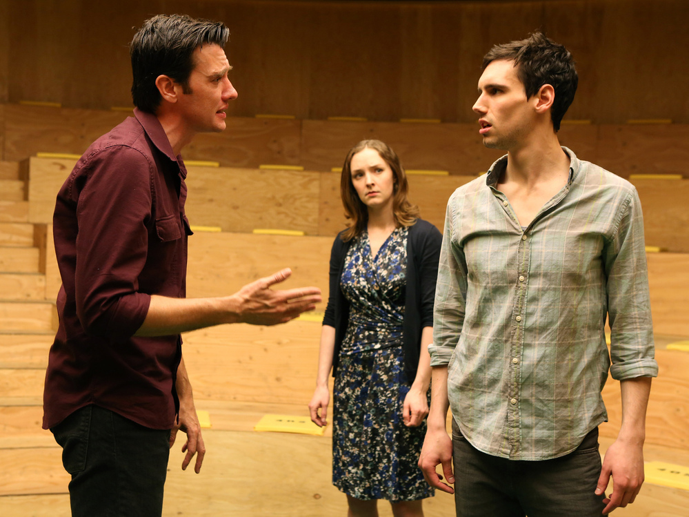 Three's company: M (Jason Butler Harner, left) and F (Amanda Quaid) spar over the affections of the paralyzingly uncertain John (Cory Michael Smith) in Mike Bartlett's The Cockfight Play.