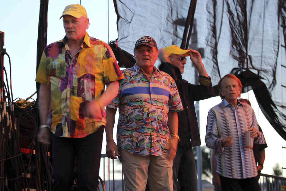 LAS VEGAS, NV - MAY 27: Mike Love, Bruce Johnston, David Marks and Al Jardine of the Beach Boys gather onstage prior to performing at the Red Rock Casino, Resort and Spa on May 27, 2012 in Las Vegas, Nevada. (Photo by Jeff Bottari/Getty Images)