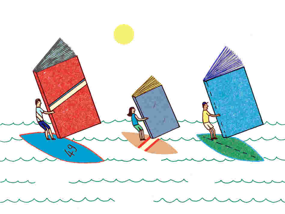 Illustration: Windsurfing with books. Illustration: Windsurfing with books.