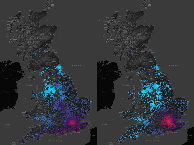 The researchers discovered that London was a hotspot for environmental influences on classroom behavior (left map, in red). A similar pattern is seen for income inequality (right map).