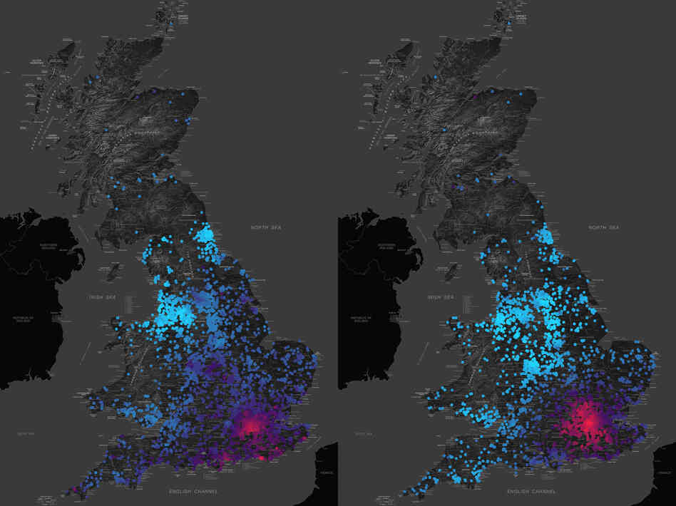 The researchers discovered that London was a hotspot for environmental influences on classroom behavior (left map, in red). A similar pattern is seen for income inequality (right map).