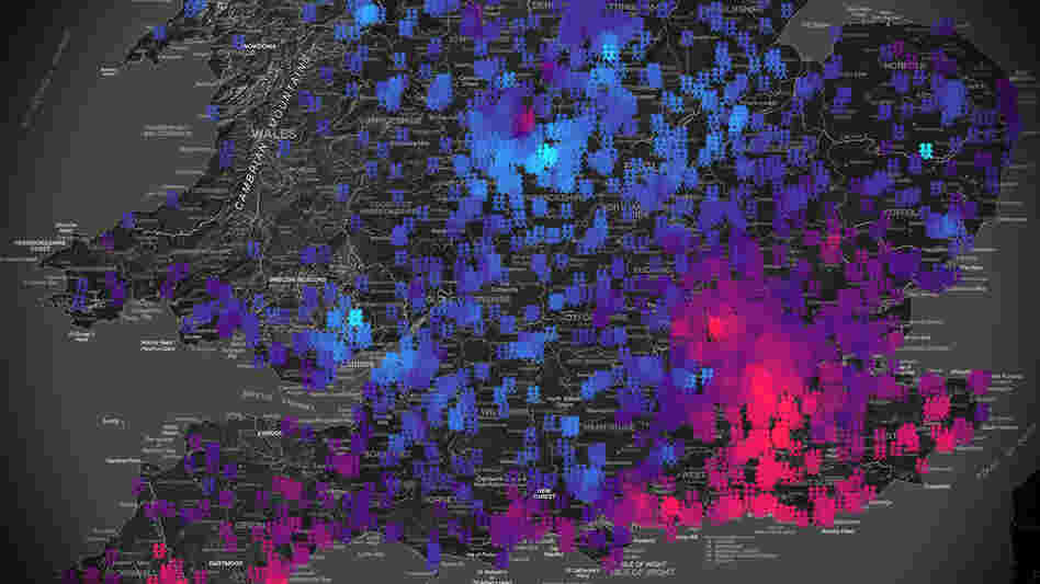 Data from the Twins Early Development Study shows areas in the U.K. where the effect of environmental factors, shown in pink, trumps the influence of genes, shown in blue, and vice versa.