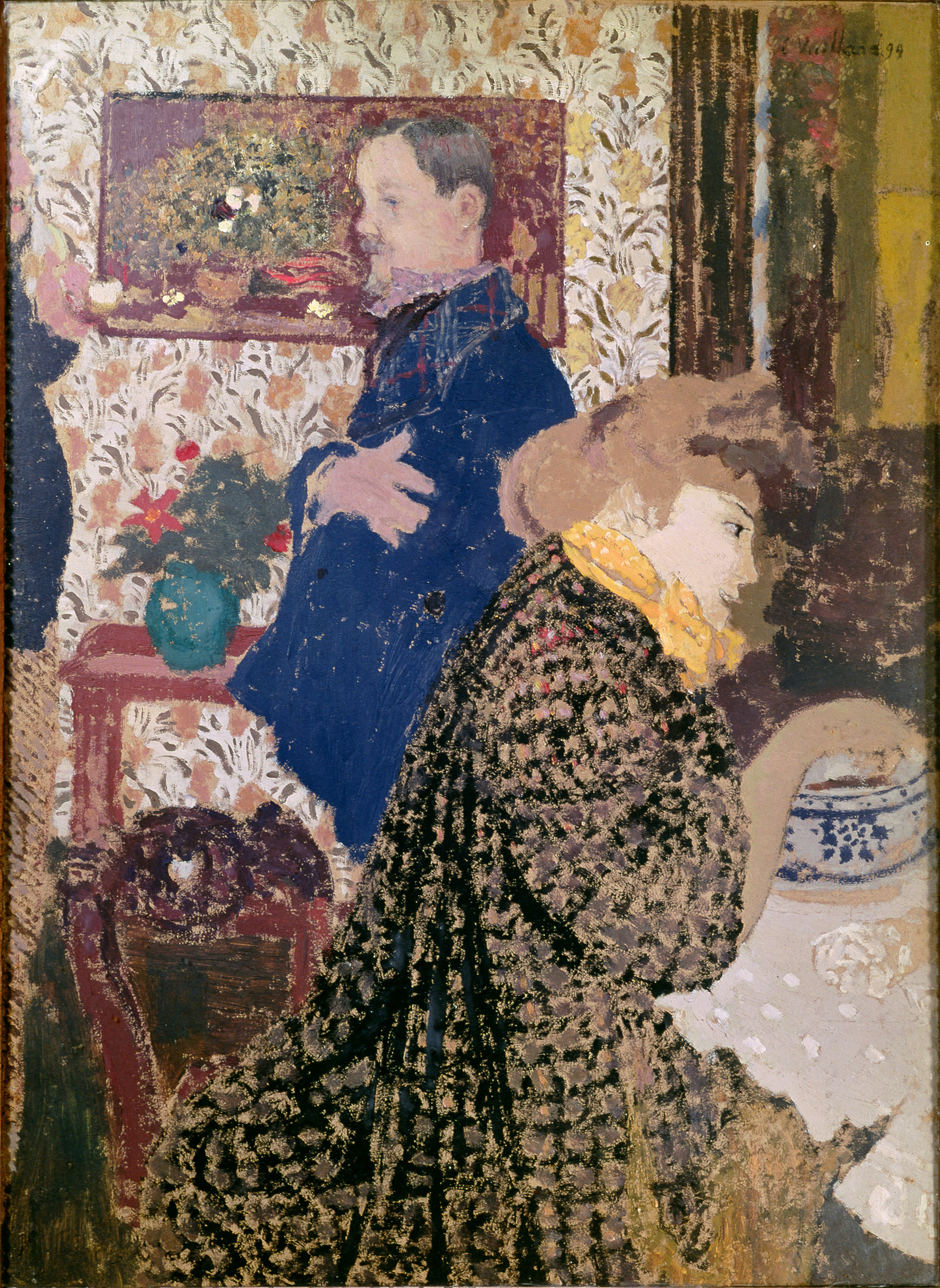 Vuillard depicts Misia Natanson and artist Felix Vallotton in this 1899 oil on cardboard: Vallotton and Misia in the Dining Room at Rue Saint-Florentin.