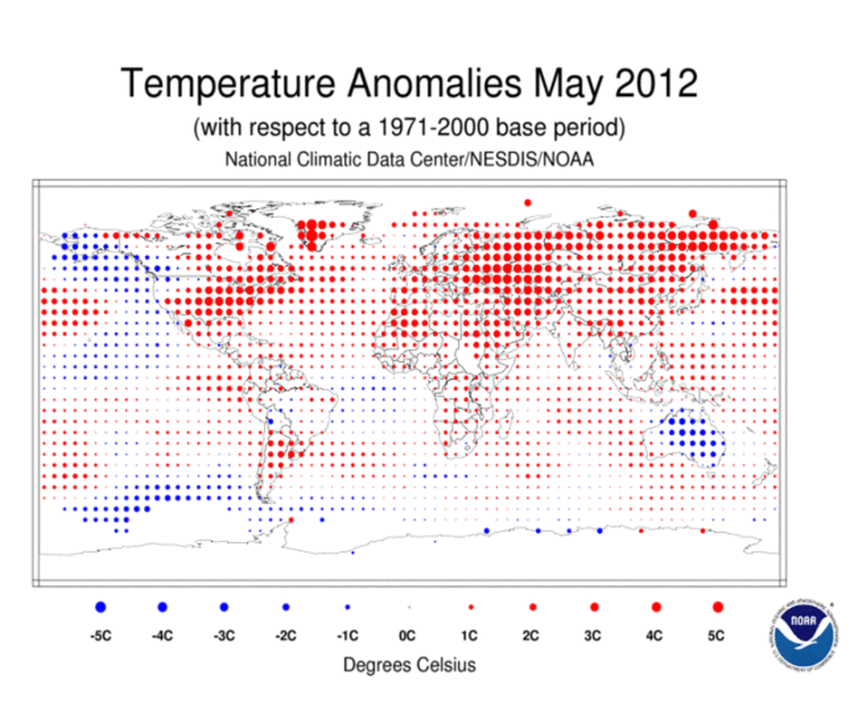 A map showing above and below average temperatures around the world in May. A map showing above and below average temperatures around the world in May.