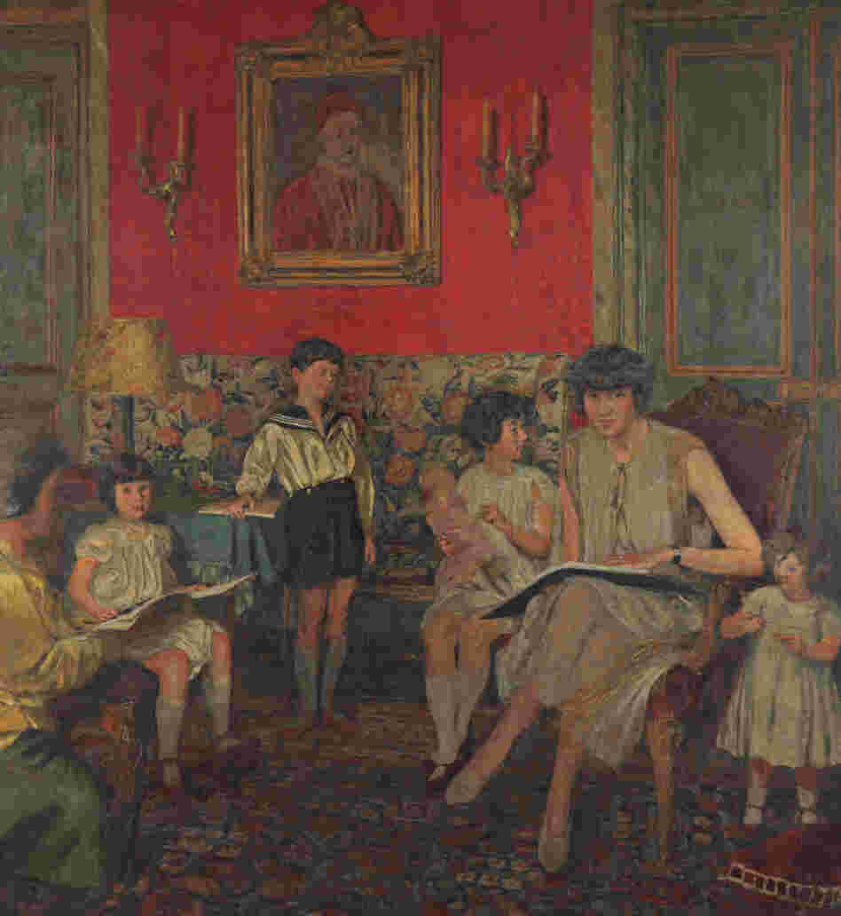 Vuillard worked on several versions of this portrait of Gilberte Bloch and her children. (Click here to see the portrait in different stages.) The portrait was left with friends when the family fled the Nazis during World War II.