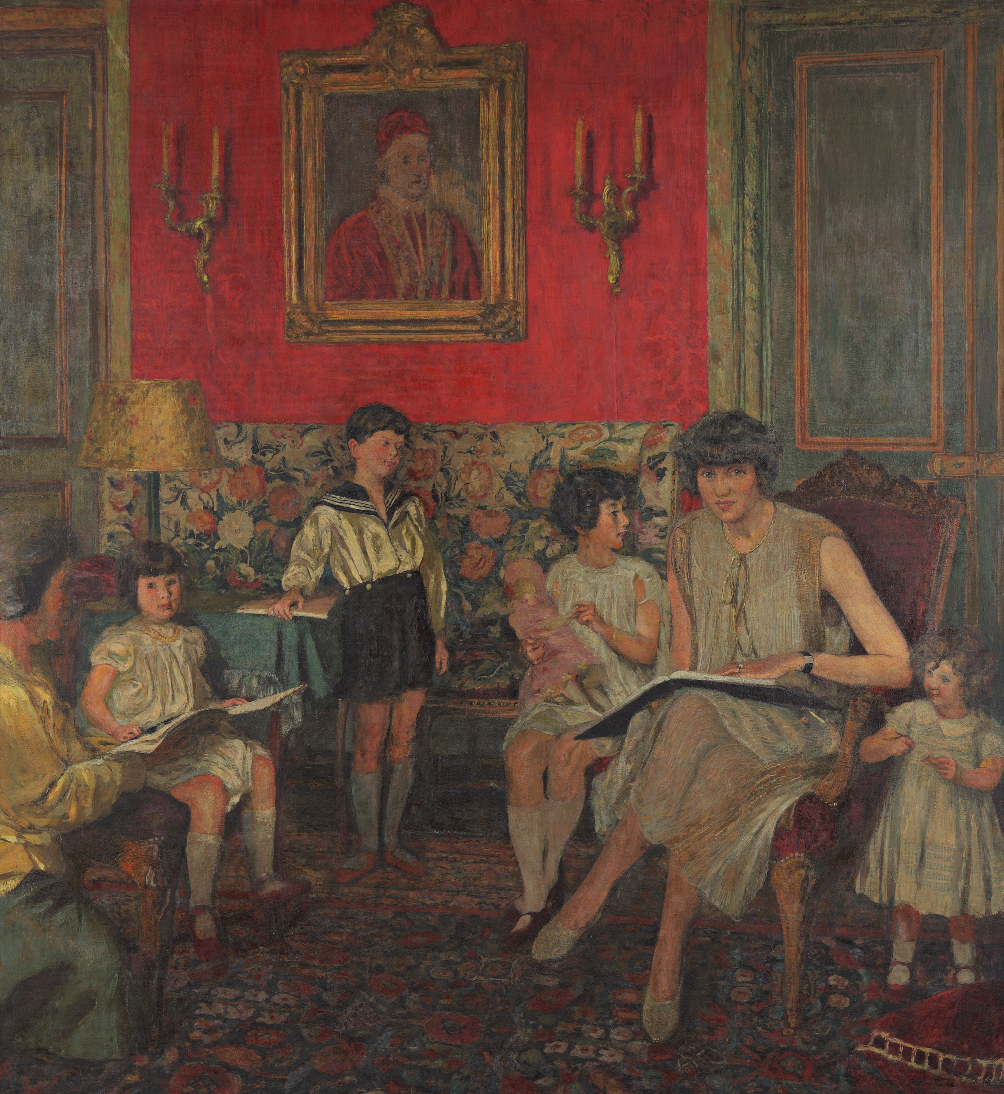 Vuillard worked on several versions of this portrait of Gilberte Bloch and her children. (Click here to see the portrait in different stages.) The portrait was left with friends when the family fled the Nazis during World War II.