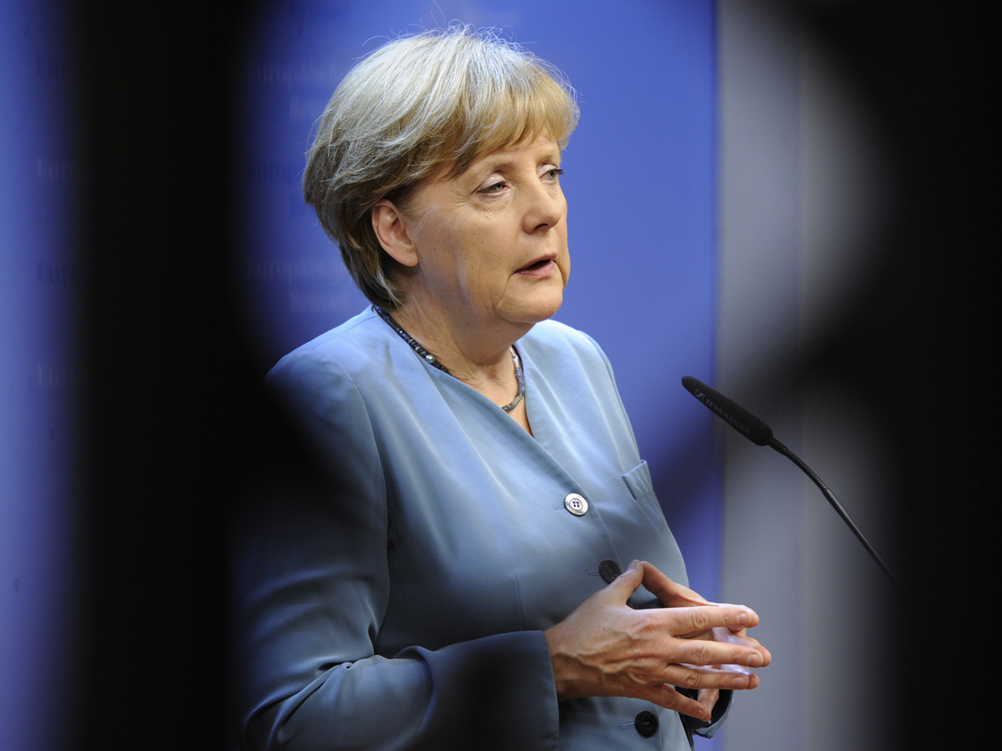 German Chancellor Angela Merkel speaks during a press conference in Brussels.