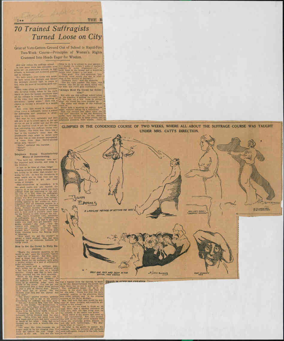 In a 1913 Brooklyn Daily Eagle piece, Barnes wrote about suffragist schools that train women to assert their rights in a ladylike fashion. (Click here to read it.)