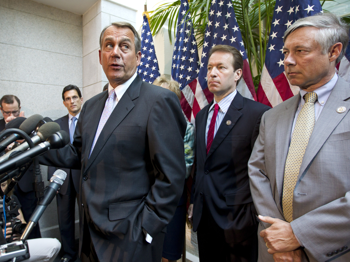 Speaker John Boehner and other House Republican leaders at a May 31, 2012 news conference at which they described a proposal by Rep. Nancy Pelosi to raise taxes as a "job killer."