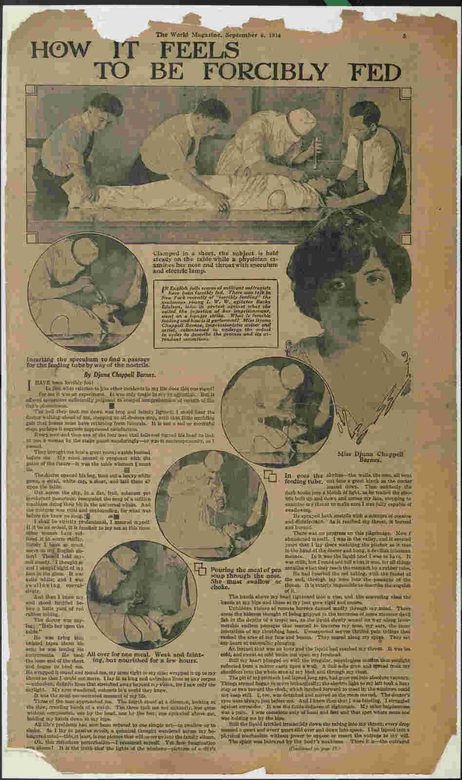 Barnes shared her account of being force-fed in what curator Catherine Morris describes as a very moving piece in New York World Magazine. (Click here to read it.)