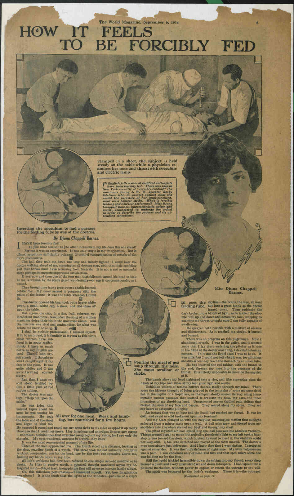 Barnes shared her account of being force-fed in what curator Catherine Morris describes as a very moving piece in New York World Magazine. (Click here to read it.)