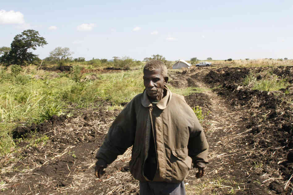 Vitorino Munalile walks past a field where he used to grow crops. Workers at the investor-owned farm recently plowed up the land for the farm's own use.