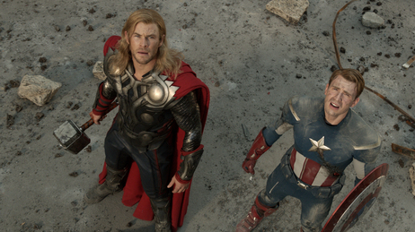 Chris Hemsworth and Chris Evans as Thor and Captain America in The Avengers.