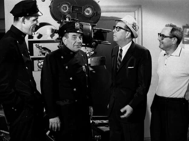 From left, Gwynne and Ross kibbitz with Phil Silvers of Sgt. Bilko and Nat Hiken, who created both classic TV comedies.