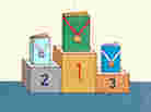 Three books with medals stand on a podium.