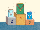 Three books with medals stand on a podium. Three books with medals stand on a podium.
