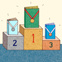 Three books with medals stand on a podium.