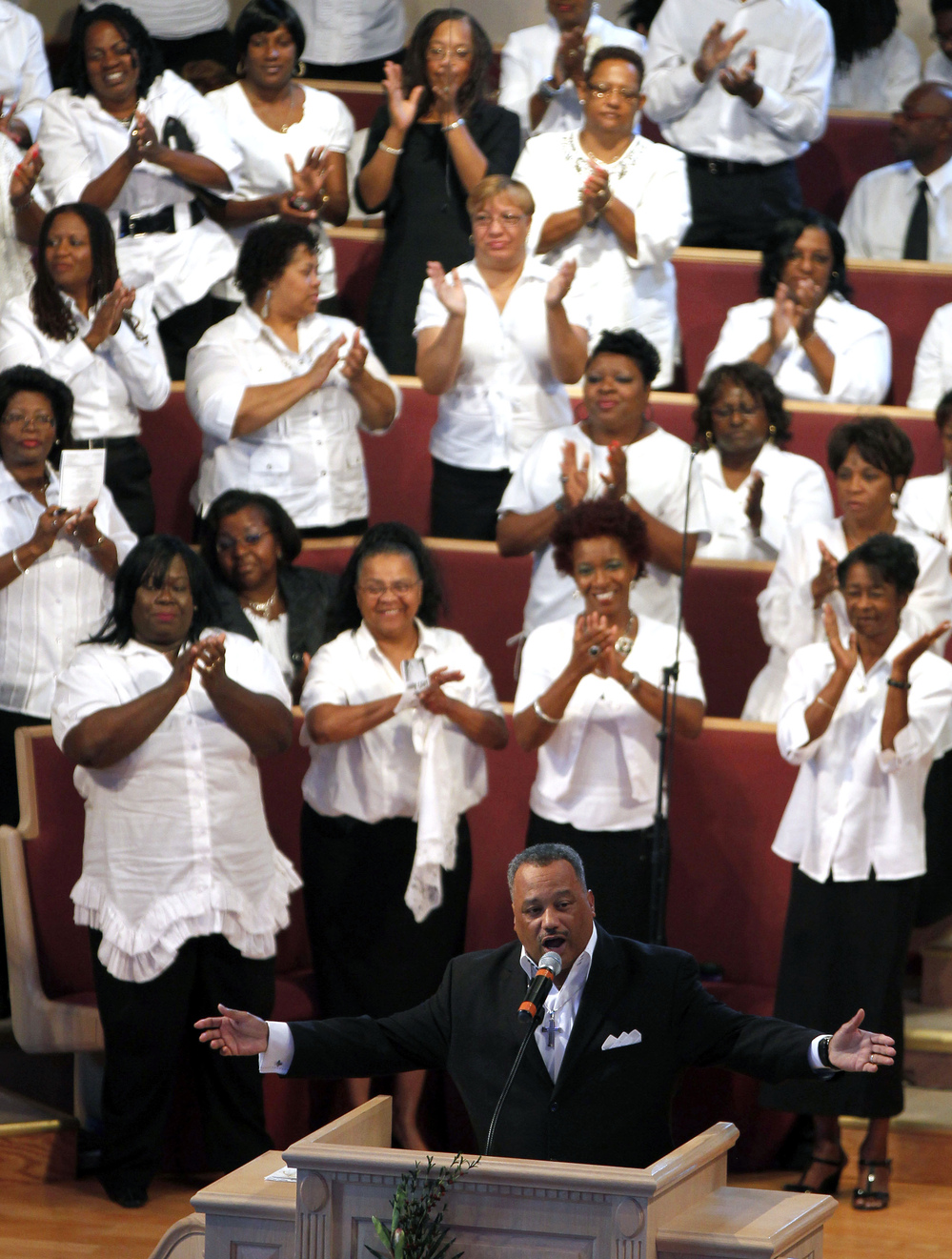The Rev. Fred Luter is running unopposed for the presidency of the Southern Baptist Convention. Here, he delivers a sermon during Sunday services at Franklin Avenue Baptist Church in New Orleans.