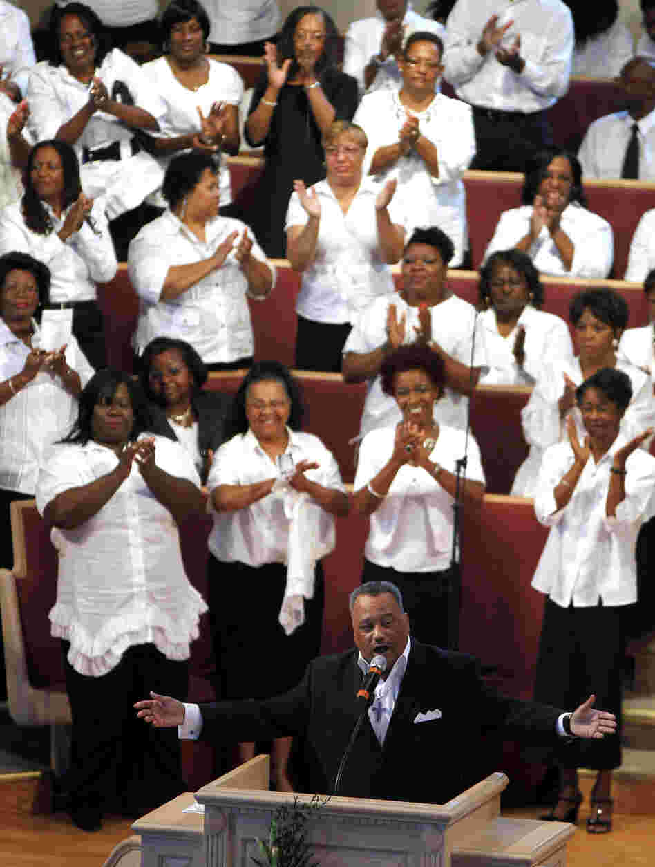The Rev. Fred Luter is running unopposed for the presidency of the Southern Baptist Convention. Here, he delivers a sermon during Sunday services at Franklin Avenue Baptist Church in New Orleans.