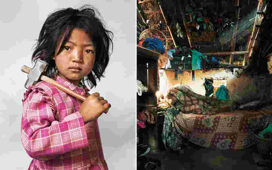 Indira lives with her parents, brother and sister near Kathmandu in Nepal. Her house has only one room, with one bed and one mattress. Indira is 7 years old and has worked at the local granite quarry since she was 3.