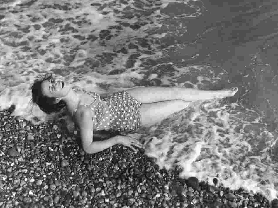 Yvonne Lockyer in her bathing costume in 1952, looking as if she just washed up on the beach.