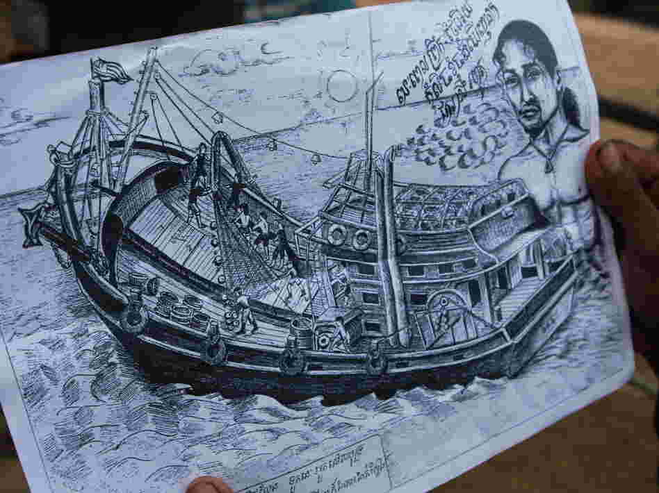 Prum drew this picture of the Thai boat on which he was held and forced to work as a fisherman.