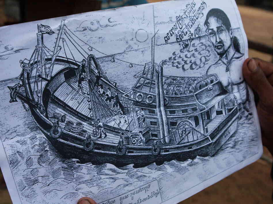 Prum drew this picture of the Thai boat on which he was held and forced to work as a fisherman.