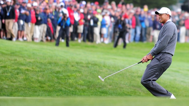 Tiger Woods reacts to a missed putt on the 13th hole on the first day of the US Open at San Francisco's Olympic Club.