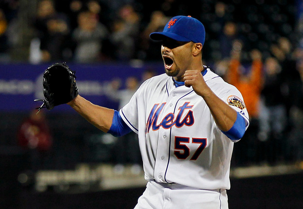 Johan Santana (#57) of the New York Mets celebrates after pitching a no hitter against the St. Louis Cardinals at CitiField on June 1, 2012. The Mets defeated the Cardinals 8-0.