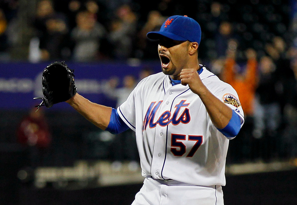 Johan Santana (#57) of the New York Mets celebrates after pitching a no hitter against the St. Louis Cardinals at CitiField on June 1, 2012. The Mets defeated the Cardinals 8-0.