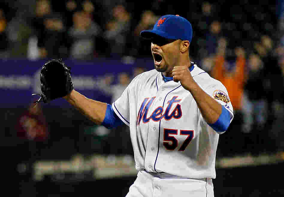 Johan Santana (#57) of the New York Mets celebrates after pitching a no hitter against the St. Louis Cardinals at CitiField on June 1, 2012. The Mets defeated the Cardinals 8-0.