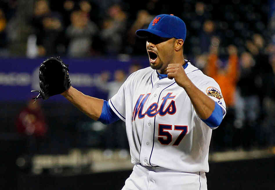 Johan Santana (#57) of the New York Mets celebrates after pitching a no hitter against the St. Louis Cardinals at CitiField on June 1, 2012. The Mets defeated the Cardinals 8-0.