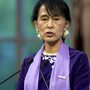 Nobel Peace Prize laureate Aung San Suu Kyi gives her acceptance speech in Oslo, Norway, on Saturday. The Burmese opposition leader was awarded the prize two decades ago.