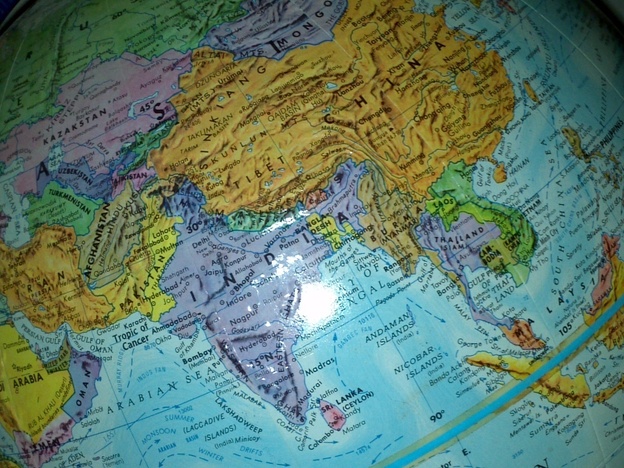 A globe, looking at China, India and the surrounding region.