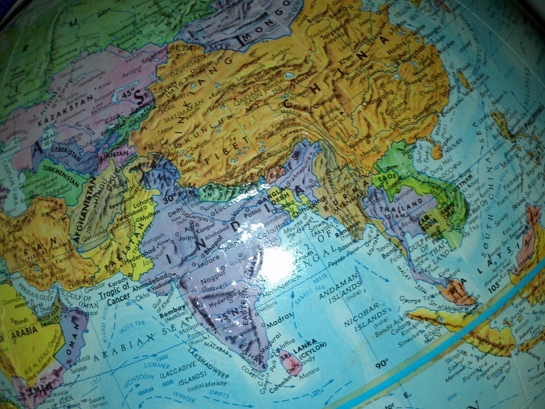 A globe, looking at China, India and the surrounding region.