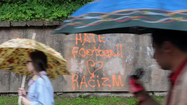 Racist graffiti on a wall in the Ukrainian city of Lviv earlier this month. A recent BBC report warned of widespread racism in Ukraine and Poland, the hosts of the European soccer championship.
