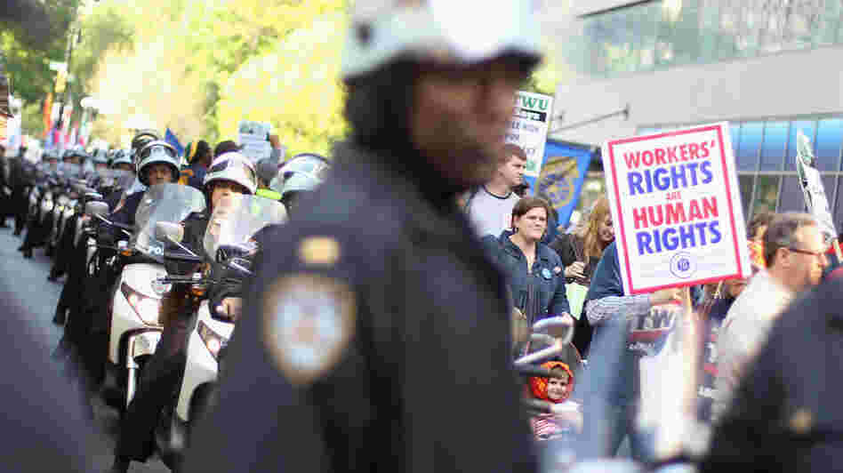 Occupy Wall Street protesters joined with unions in New York on May 1, a traditional day of global protests in sympathy with unions and leftist politics.