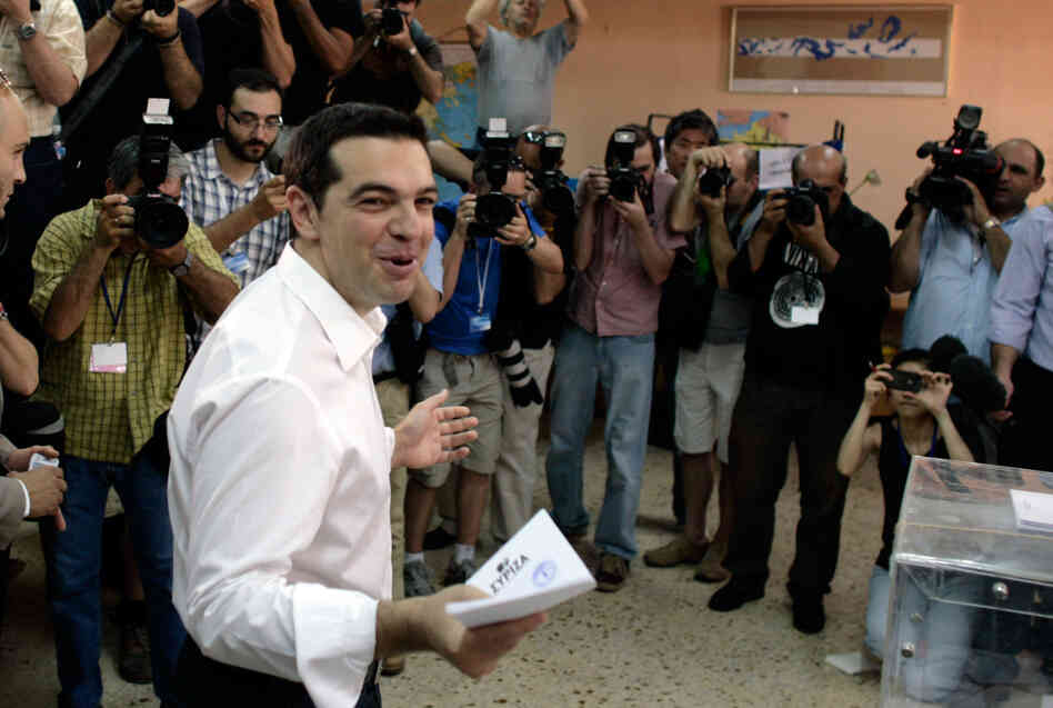 Alexis Tsipras, leader of Syriza Party, casts his vote at a polling station in Athens, Greece.