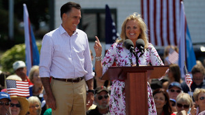 Republican presidential candidate Mitt Romney is introduced by his wife, Ann, during a campaign event at Scamman Farm on June 15, in Stratham, N.H.
