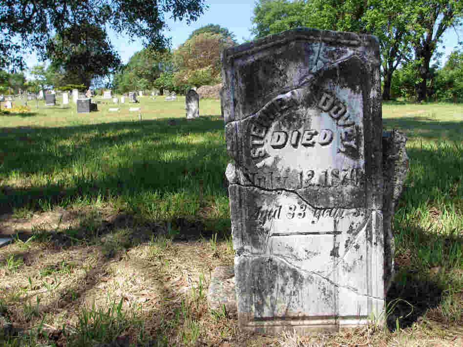 The repaired headstone for Stephen Dovey notes that he died on July 12, 1870, at age 33.