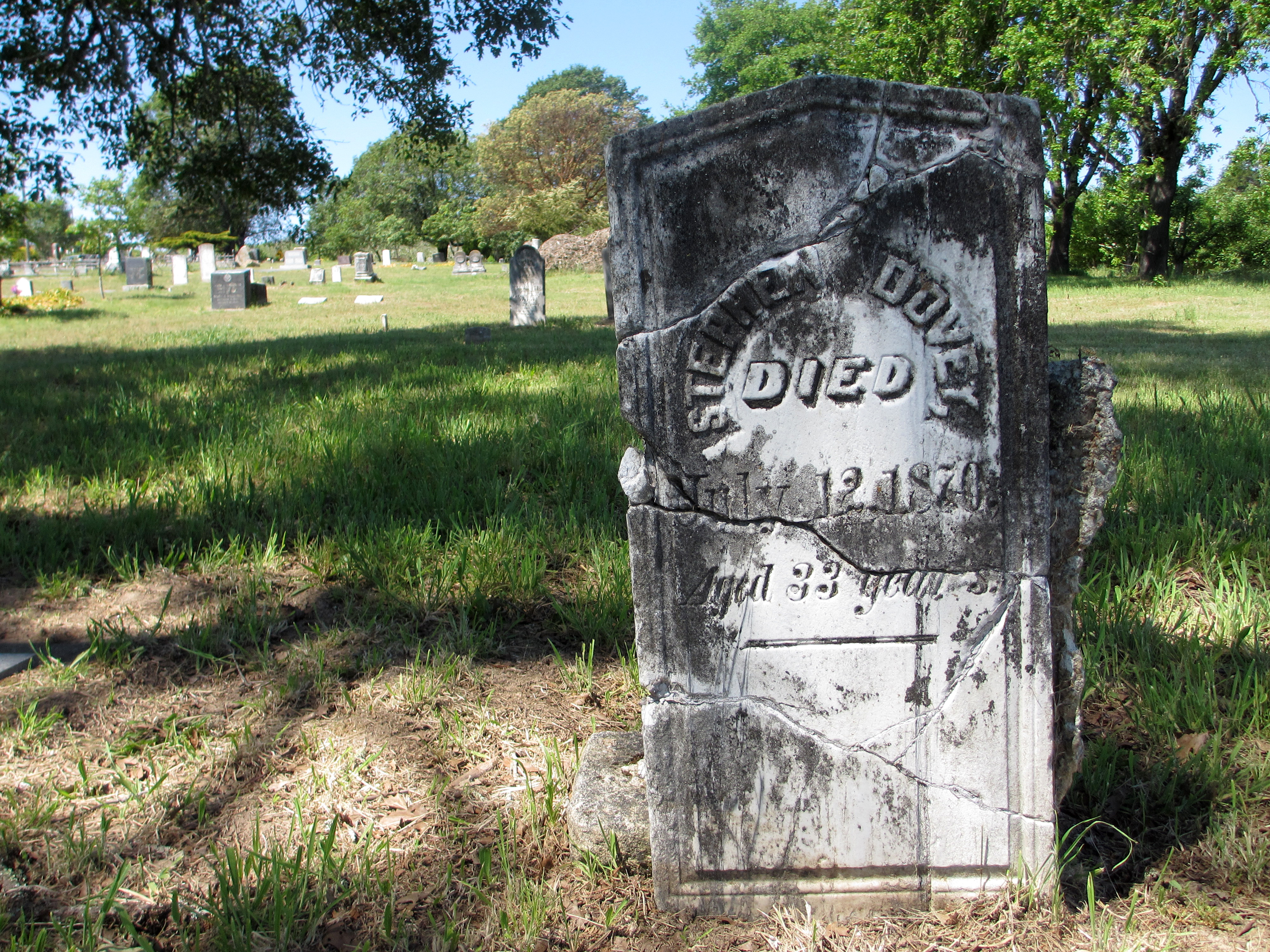 The repaired headstone for Stephen Dovey notes that he died on July 12, 1870, at age 33.