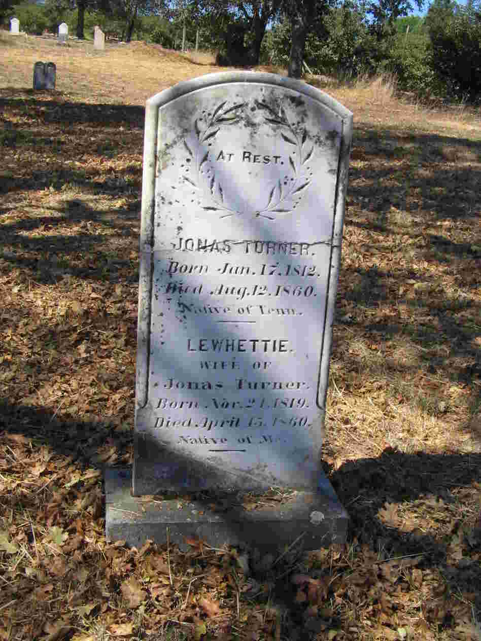 The repaired headstone for Jonas Turner and his wife, Lewhettie, shows that he was a native of Tennessee and she was a native of Maine. They died just four months apart, in 1860.