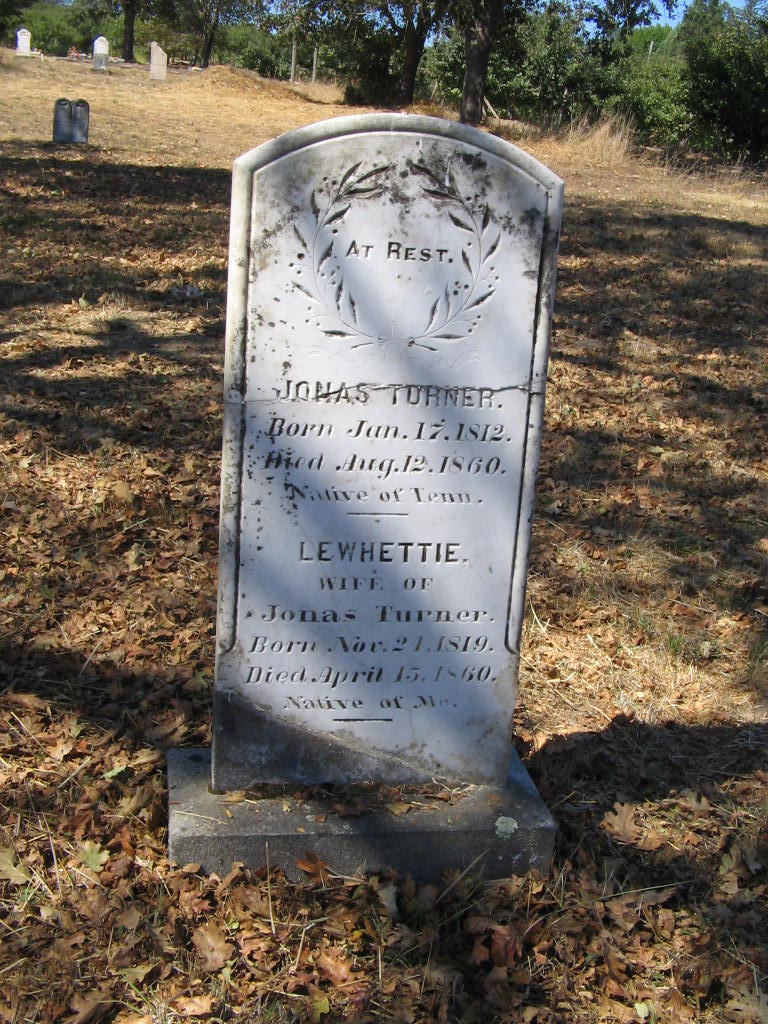 The repaired headstone for Jonas Turner and his wife, Lewhettie, shows that he was a native of Tennessee and she was a native of Maine. They died just four months apart, in 1860.