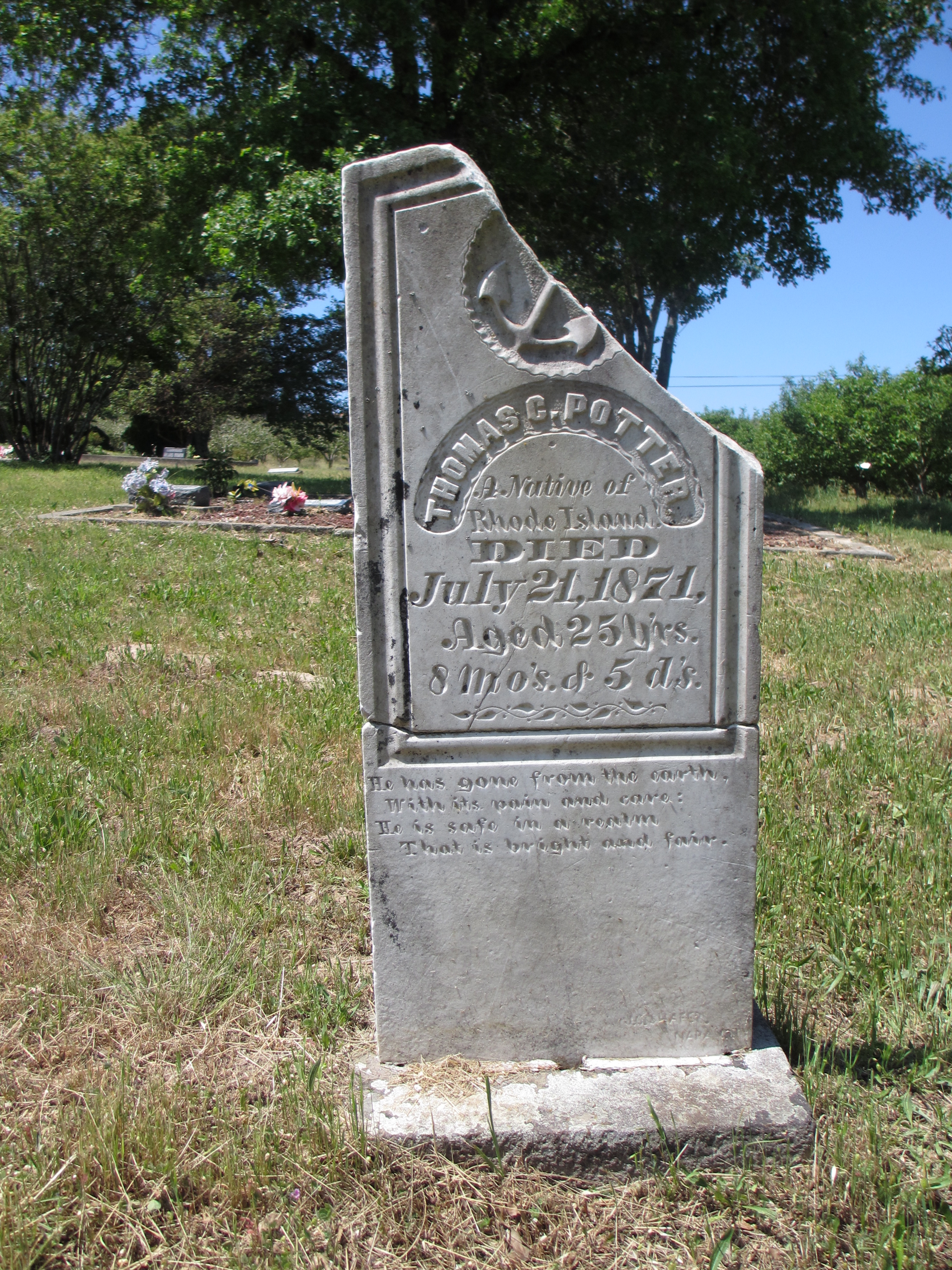 The partially restored headstone for Thomas C. Potter, who traveled west from Rhode Island, shows that he died on July 21, 1871, at age 25. The inscription reads, "He has gone from the earth, With its pain and care: He is safe in a realm That is bright and fair."