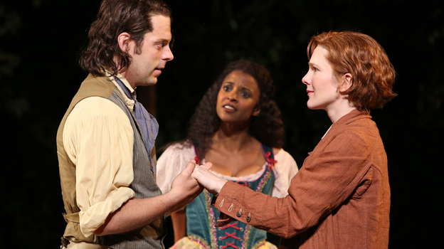 Orlando (David Furr), Rosalind (Lily Rabe, right) and Celia (Renee Elise Goldsberry) in As You Like It. The Public Theater's production opens the 50th-anniversary season at New York's Delacorte Theater.