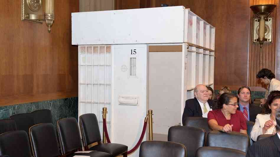 To illustrate living conditions under solitary confinement, a Senate Judiciary subcommittee erected a cell replica inside a Capitol Hill hearing room on Tuesday.