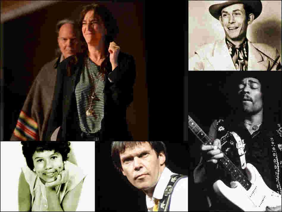 Clockwise from upper left: Neil Young with Patti Smith, Hank Williams, Jimi Hendrix, Neil Young, Maureen Gray. Clockwise from upper left: Neil Young with Patti Smith, Hank Williams, Jimi Hendrix, Neil Young, Maureen Gray.