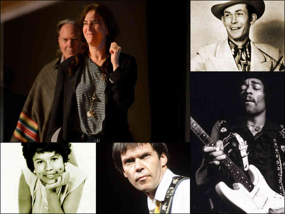 Clockwise from upper left: Neil Young with Patti Smith, Hank Williams, Jimi Hendrix, Neil Young, Maureen Gray. Clockwise from upper left: Neil Young with Patti Smith, Hank Williams, Jimi Hendrix, Neil Young, Maureen Gray.